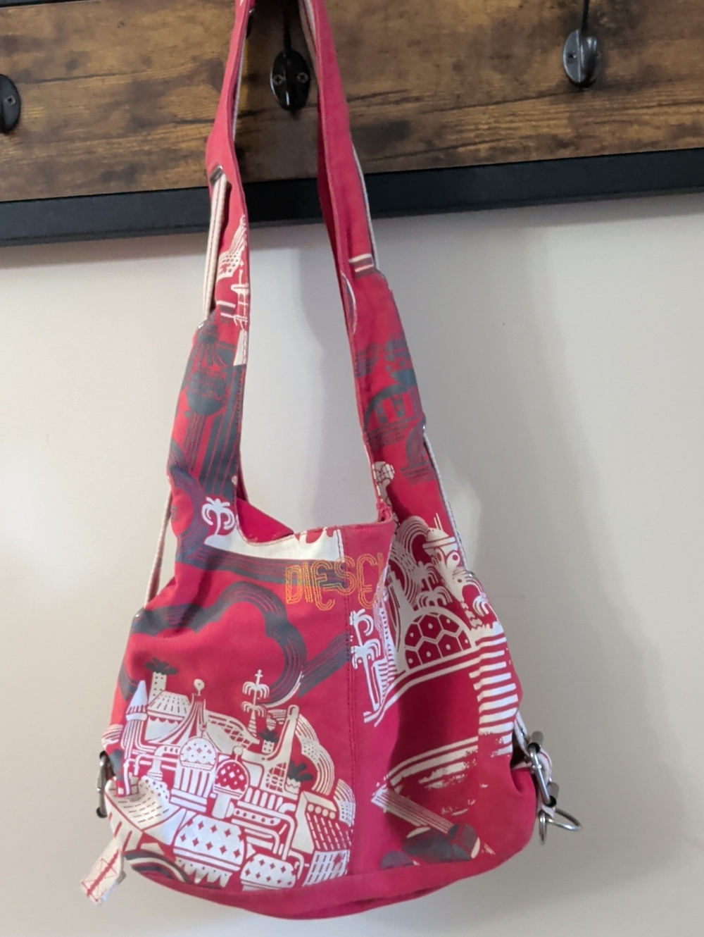 Diesel Red and White Printed Canvas Hobo Bag
